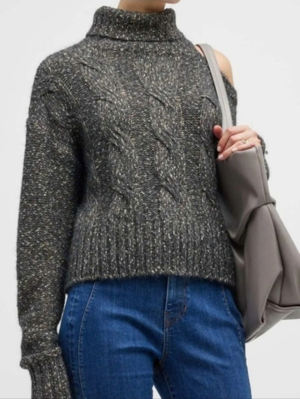 Veronica Beard Selleck Metallic Cable-Knit Cold-Shoulder Sweater Size Small